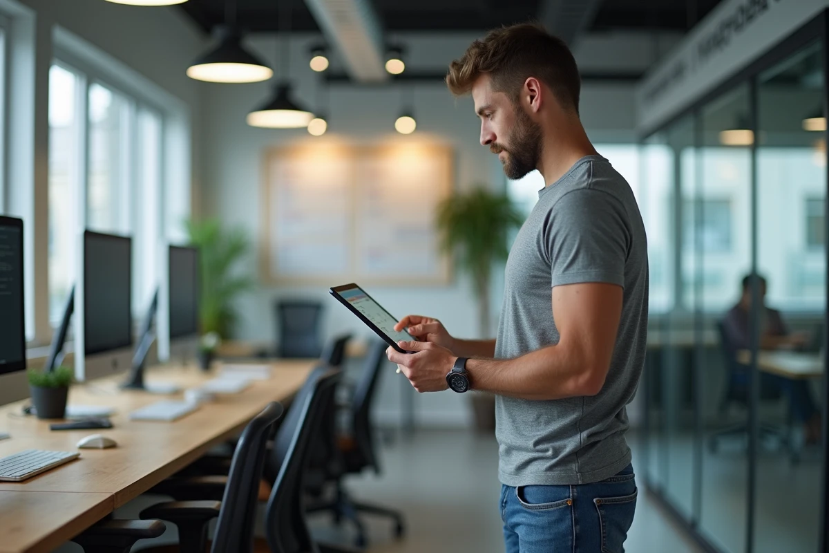 Jeune professionnel d'une petite équipe ajustant les paramètres de planification sur une tablette dans un bureau ouvert moderne