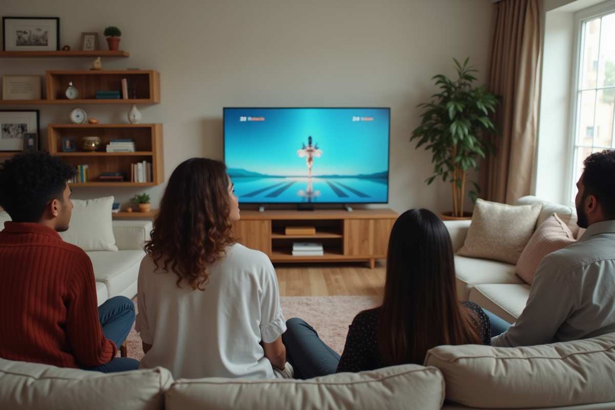 Jeunes adultes regardant une publicité à la télévision dans un salon