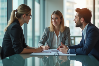 Jeunes stagiaires en discussion dans un bureau moderne