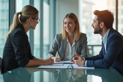 Jeunes stagiaires en discussion dans un bureau moderne