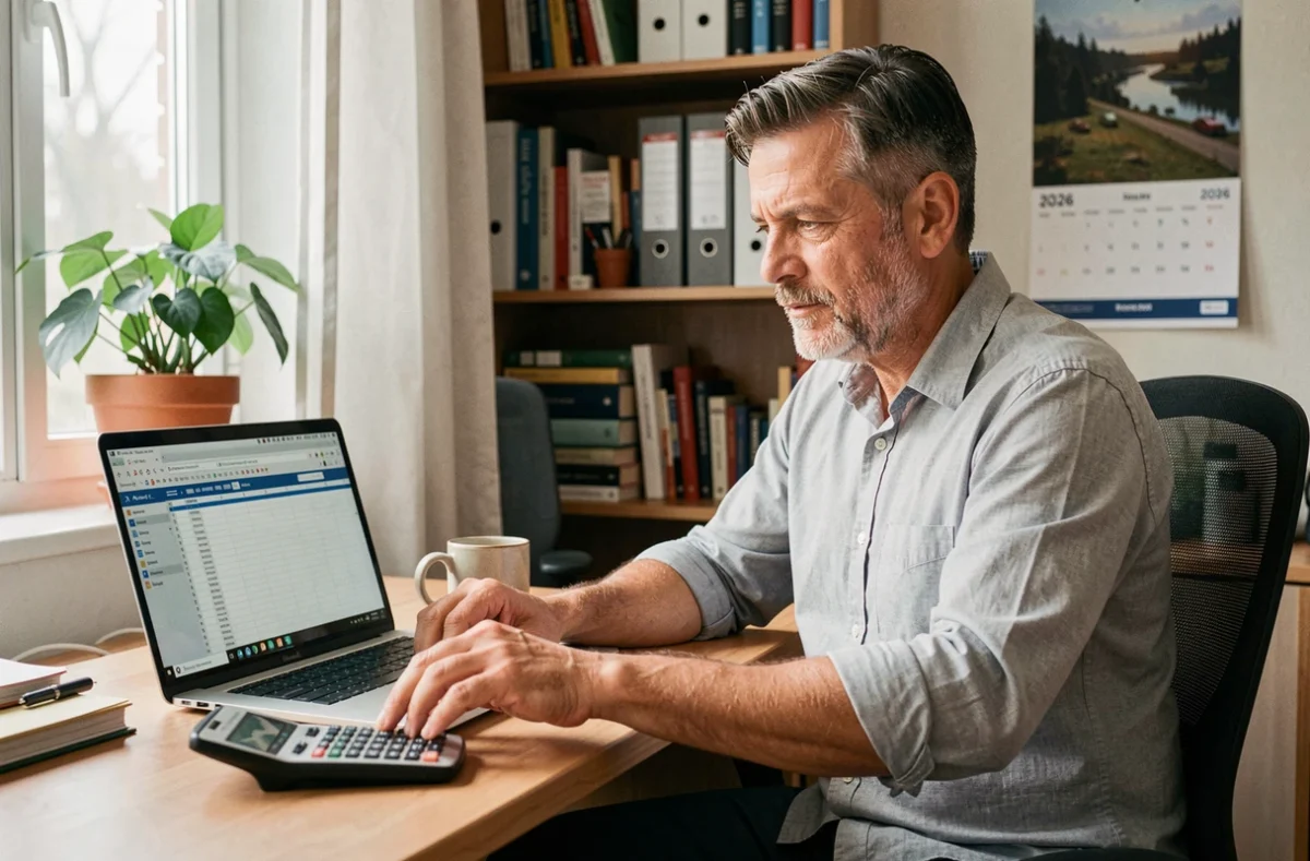 Homme en télétravail calculant ses jours travaillés en 2026 sur ordinateur avec calendrier mural