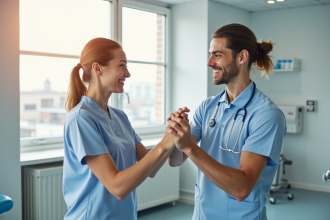 Jeune physiotherapeute guide un patient en reeducation