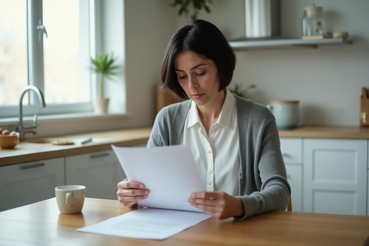 Femme lisant attentivement une lettre de licenciement pour inaptitude à son domicile