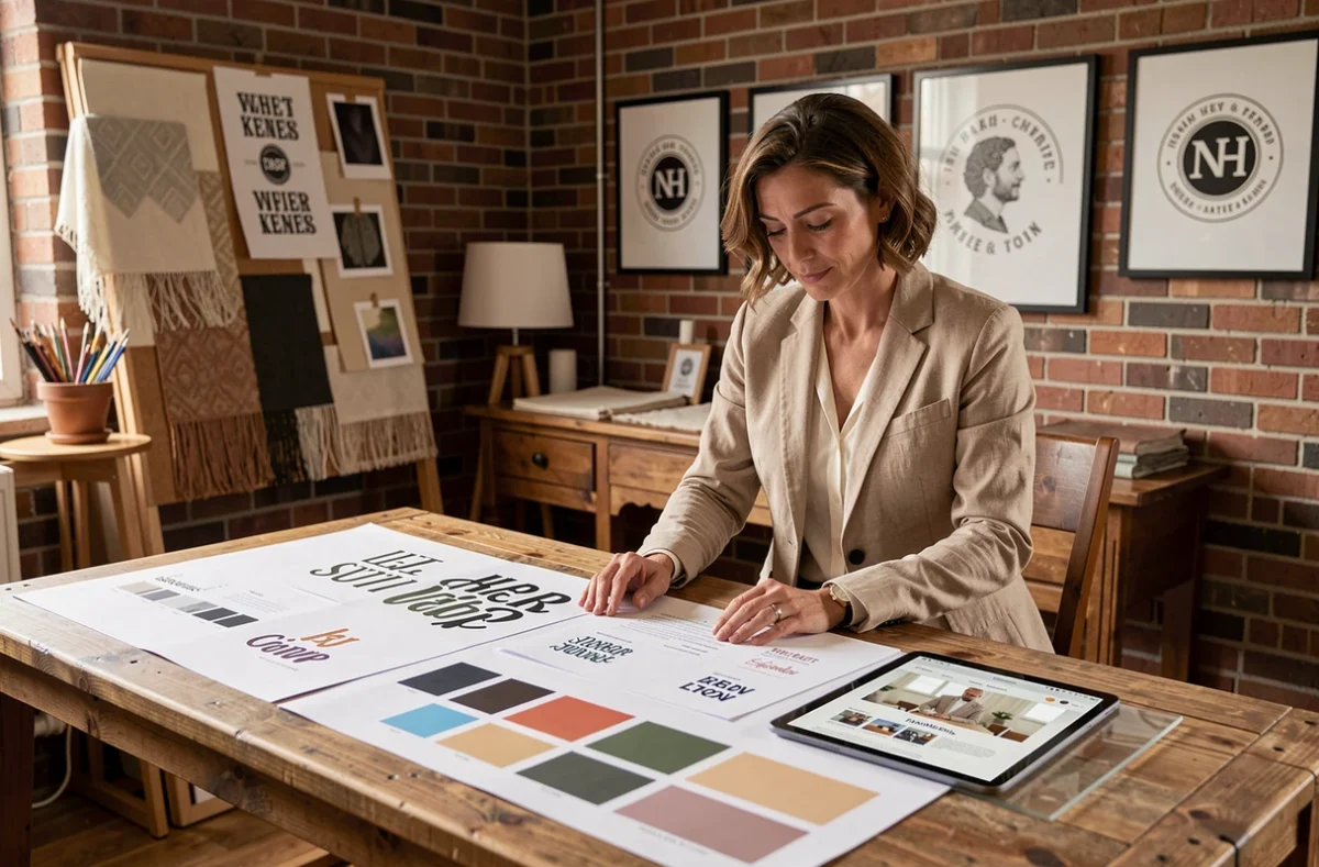 Directrice créative de Lescouturiersdelacom examinant des maquettes de communication sur mesure incluant typographies, palettes de couleurs et design web personnalisé