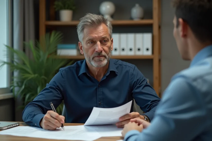 Employé et responsable RH discutant des documents de licenciement pour inaptitude dans un bureau professionnel