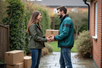 Livreur jeune homme remettant un colis à une femme