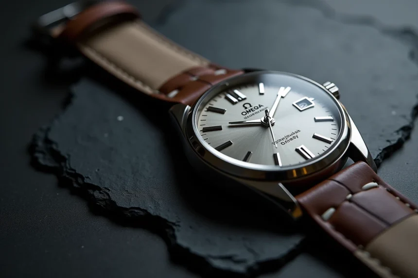 Gros plan sur le logo Omega gravé sur le cadran d'une montre de luxe posée sur une surface en ardoise polie