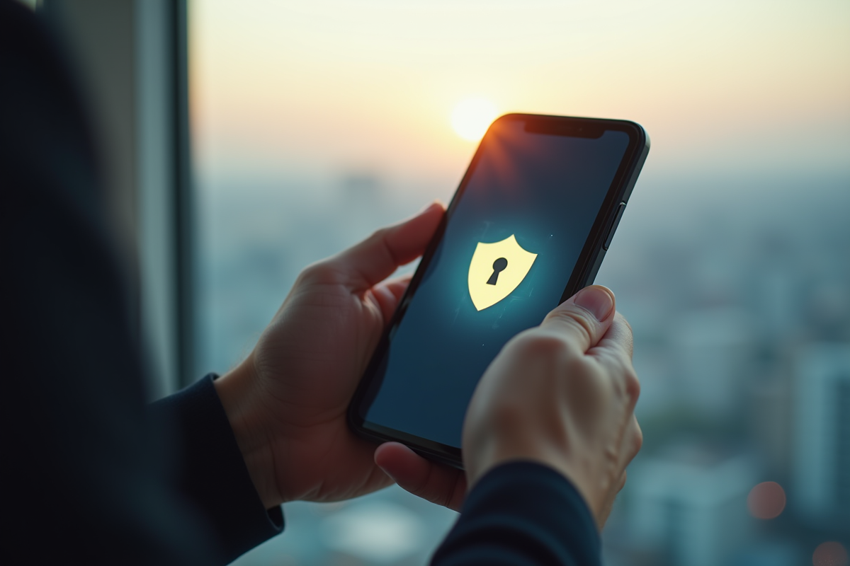 Mains tenant un smartphone avec un bouclier de privacy en lumière naturelle