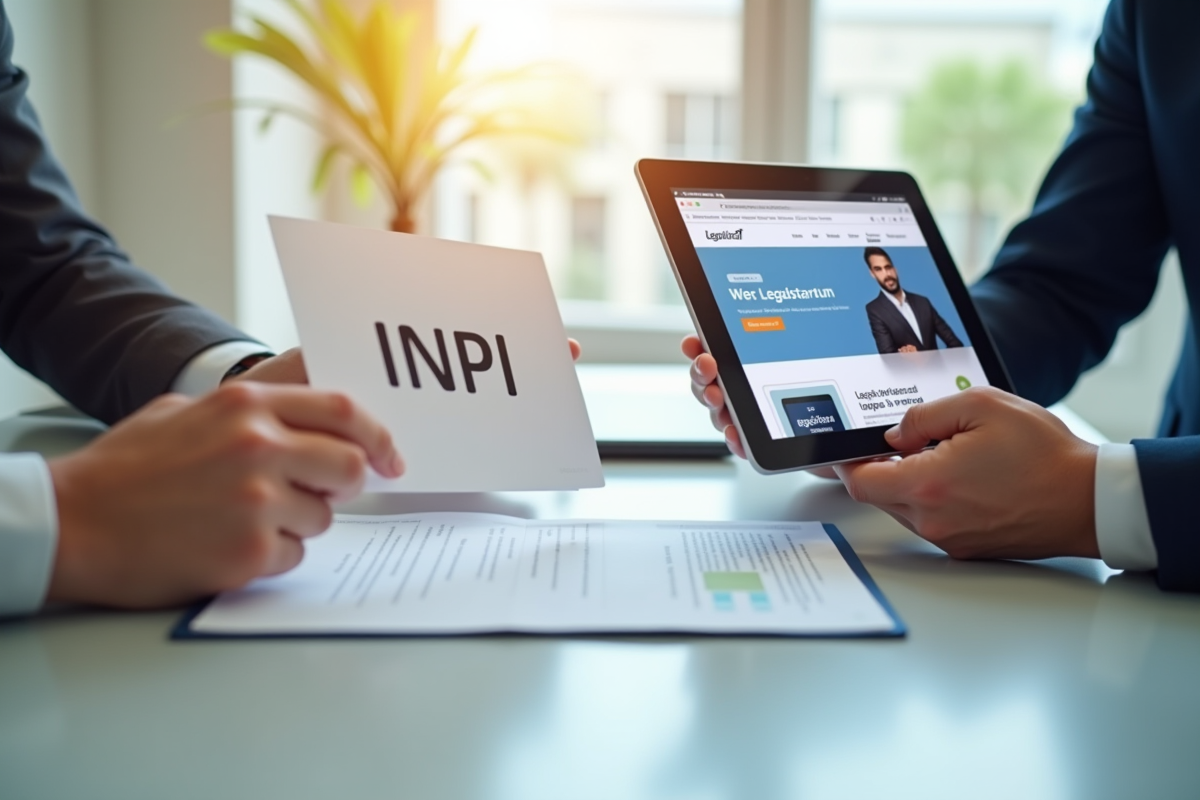 Mains tenant un dossier INPI et une tablette avec site Legalstart