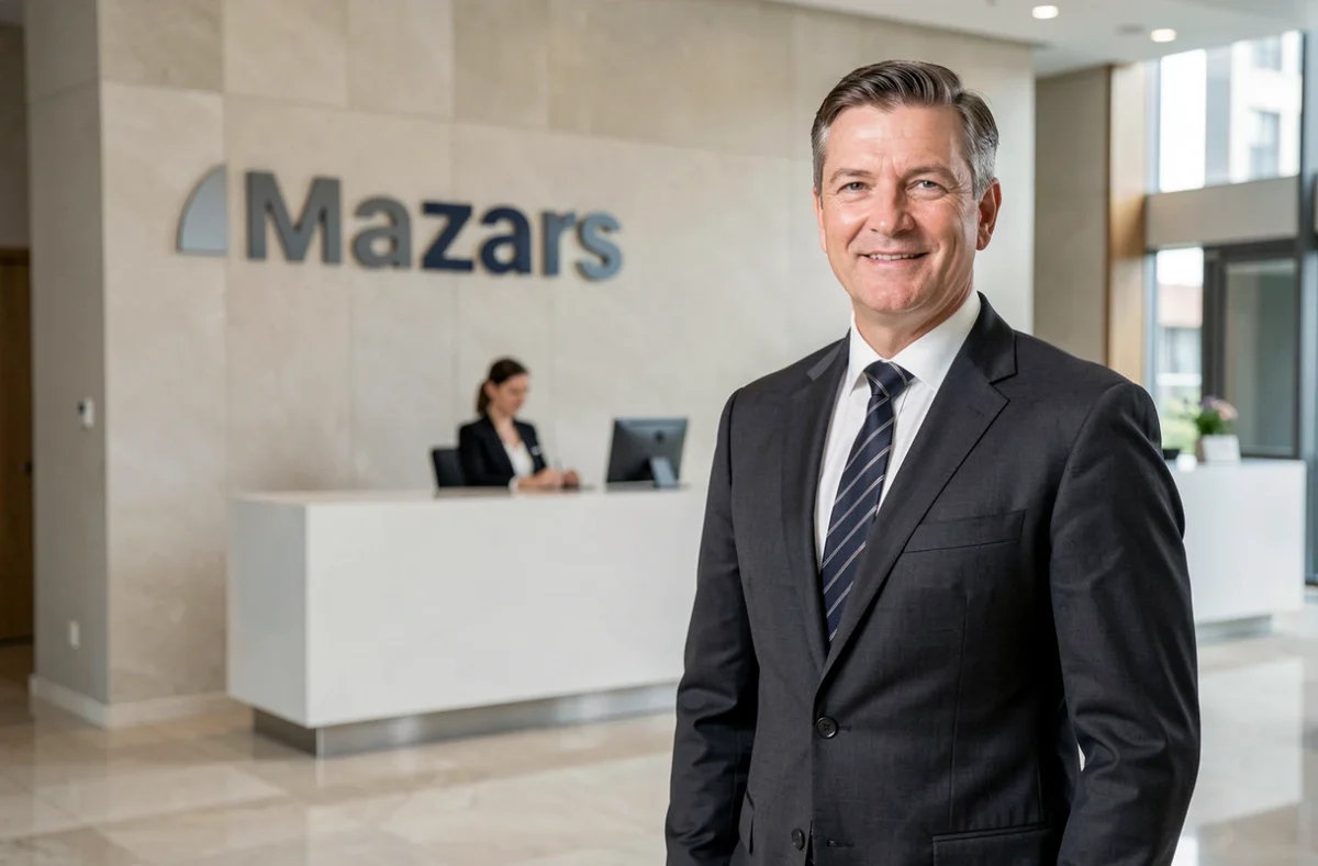 Associé de Mazars posant dans le hall d'accueil du cabinet d'audit et d'expertise comptable à Strasbourg