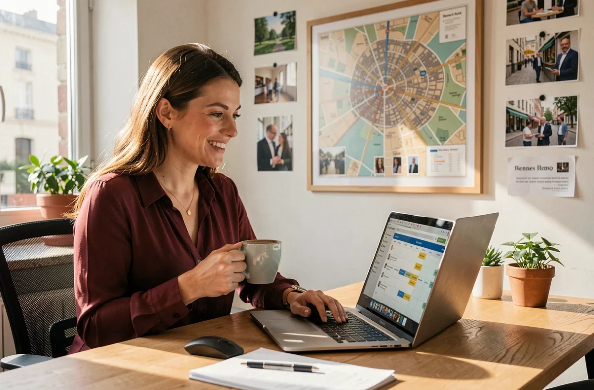 Responsable SEO de l'agence Mazette à Rennes, travaillant sur une stratégie de référencement local dans un bureau décoré d'une carte de Rennes