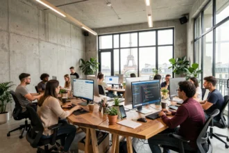 Vue d'ensemble d'une agence web parisienne moderne avec des professionnels collaborant autour d'écrans affichant des interfaces web