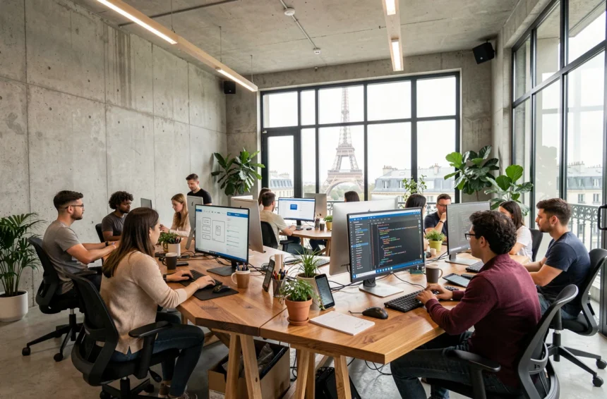 Vue d'ensemble d'une agence web parisienne moderne avec des professionnels collaborant autour d'écrans affichant des interfaces web