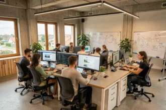 Vue panoramique d'une agence web moderne dans le Val-d'Oise avec une équipe de professionnels du numérique travaillant ensemble sur des projets web