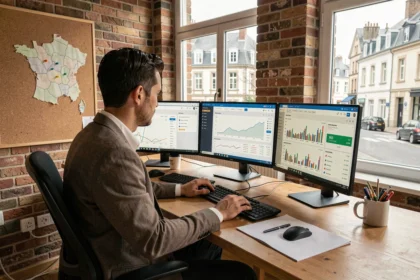 Consultant SEO travaillant dans un bureau moderne à Rennes avec des écrans affichant des données analytiques et une carte d'Ille-et-Vilaine