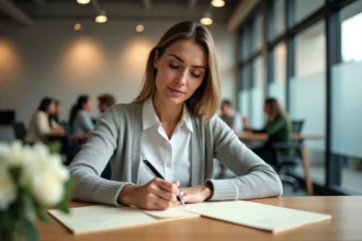 Collègue rédigeant un message de condoléances manuscrit sur du papier crème dans un bureau moderne avec des fleurs blanches