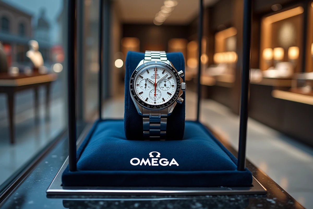 Montre Omega Speedmaster exposée dans une vitrine de boutique de luxe avec logo de marque visible