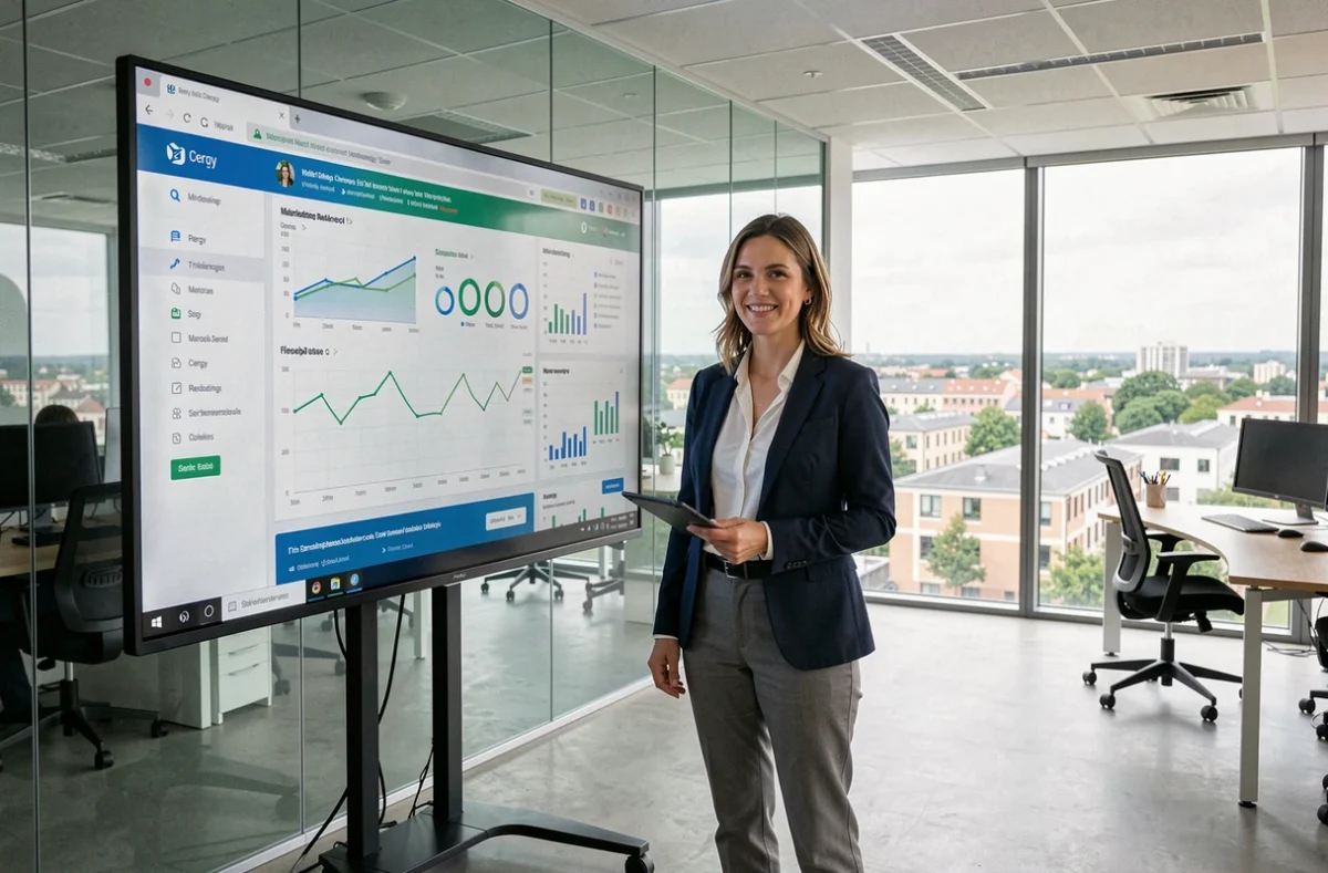 Stratège digitale de l'agence Netinfluence à Cergy présentant des tableaux de bord analytiques et un site web client devant la skyline de Cergy