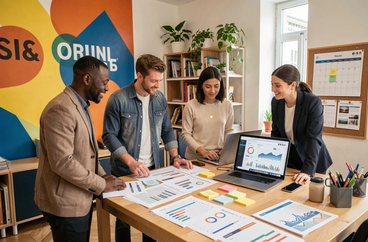 Équipe marketing et web de l'agence NOIISE Paris analysant des performances de campagne digitale autour d'un bureau collaboratif
