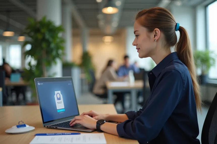 Nouvelle employée se connectant au portail RH La Poste Box RH Connexion sur un laptop au bureau