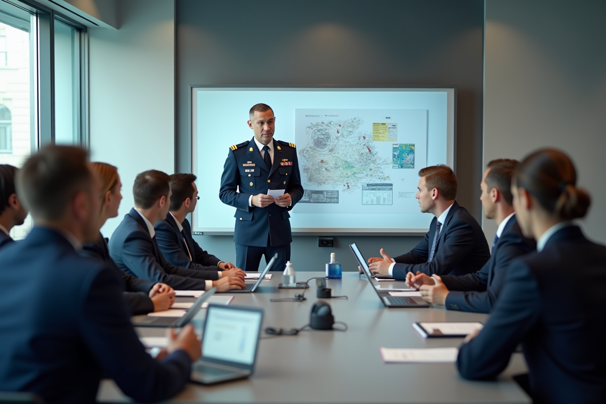 Officier de la Royal Air Force présentant un diagramme à des professionnels