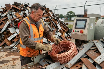 Ouvrier pesant du cuivre et de l'acier ferraille sur une balance industrielle dans un centre de recyclage Derichebourg