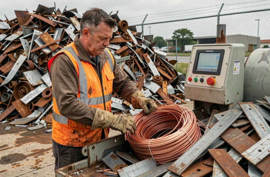 Ouvrier pesant du cuivre et de l'acier ferraille sur une balance industrielle dans un centre de recyclage Derichebourg