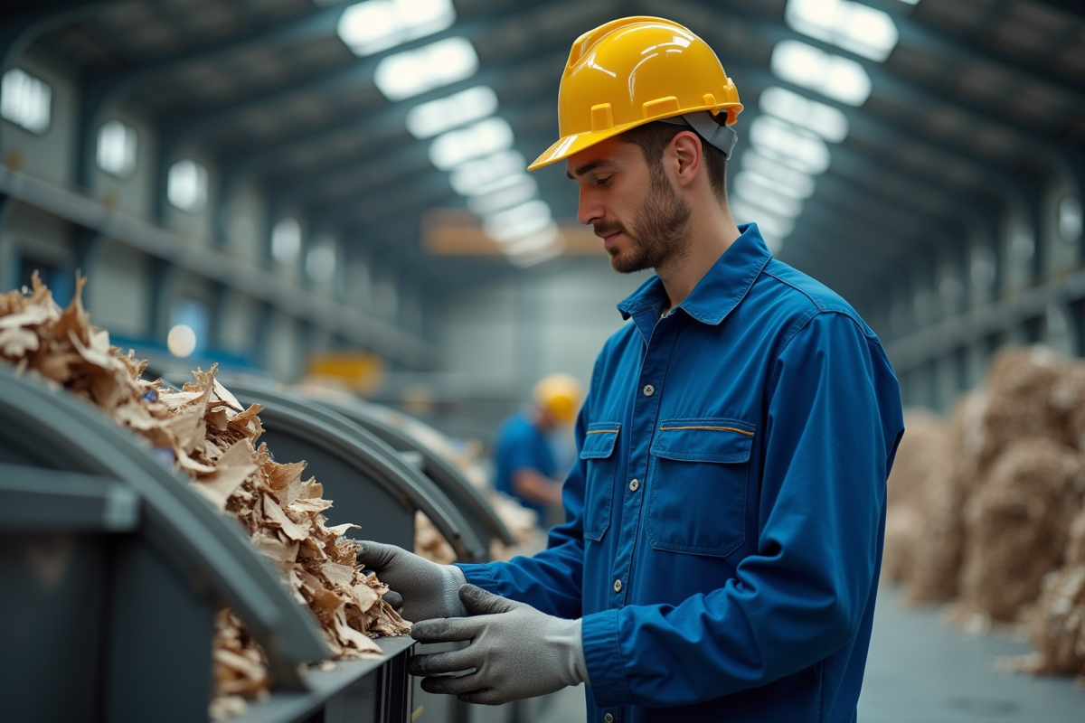 Jeune ouvrier vérifiant des équipements de recyclage en usine