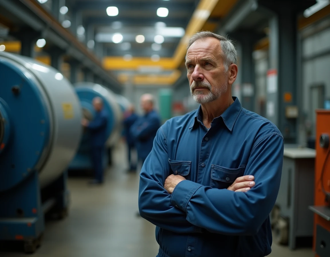 Ouvrier d'usine déterminé en uniforme bleu réfléchissant debout près d'une machine industrielle sur le lieu de travail