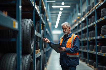 Ouvrier d'usine de pneus vérifiant des pneus avec une tablette