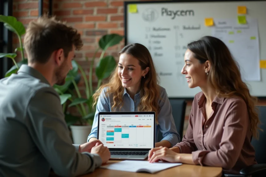 Petite équipe professionnelle configurant un logiciel de prise de rendez-vous en ligne sur un ordinateur portable dans un espace de coworking moderne