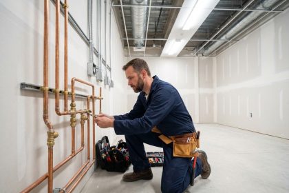 Plombier professionnel en action avec tuyaux cuivre dans un local moderne