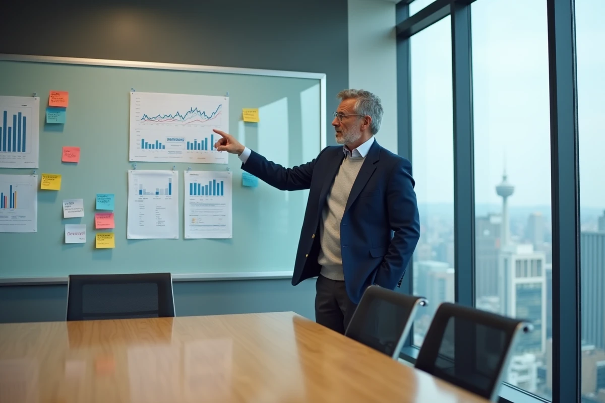 Un manager présentant des rapports décisionnels et des indicateurs clés de performance lors d'une réunion d'équipe