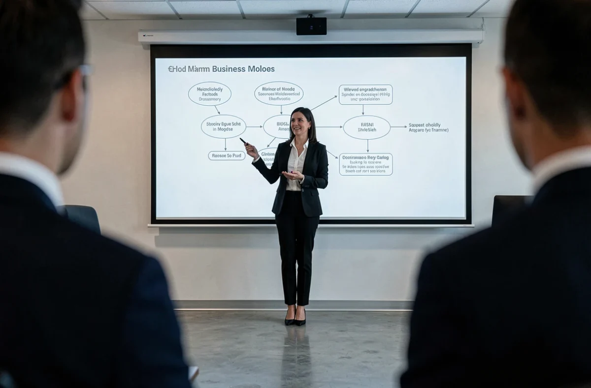 Directrice d'entreprise présentant un modèle économique stratégique devant des cadres dans une salle de réunion d'entreprise