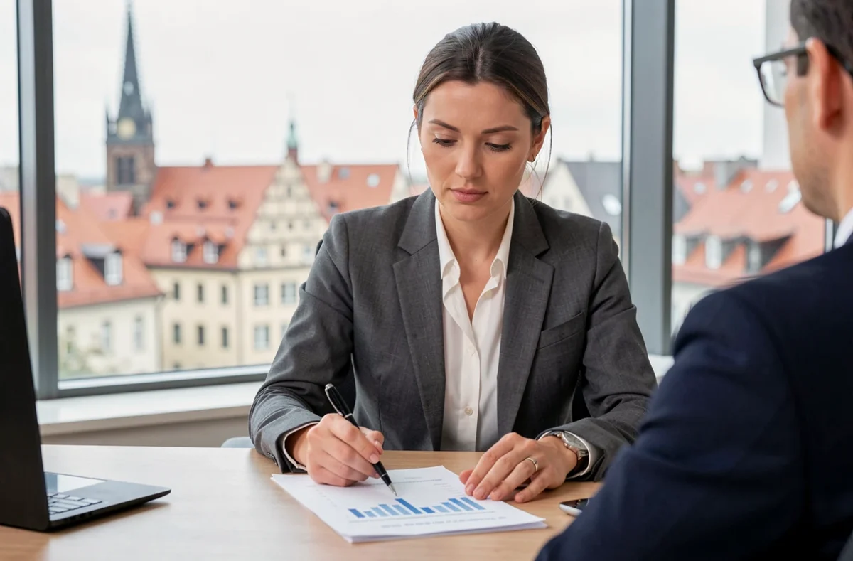 Experte-comptable de Prisme Expertises à Strasbourg présentant un rapport financier à un client dans son bureau avec vue sur la cathédrale
