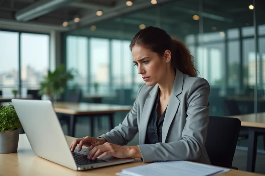 Femme professionnelle frustrée face à un problème d'accès IntraParis sur son ordinateur portable dans un bureau moderne à Paris