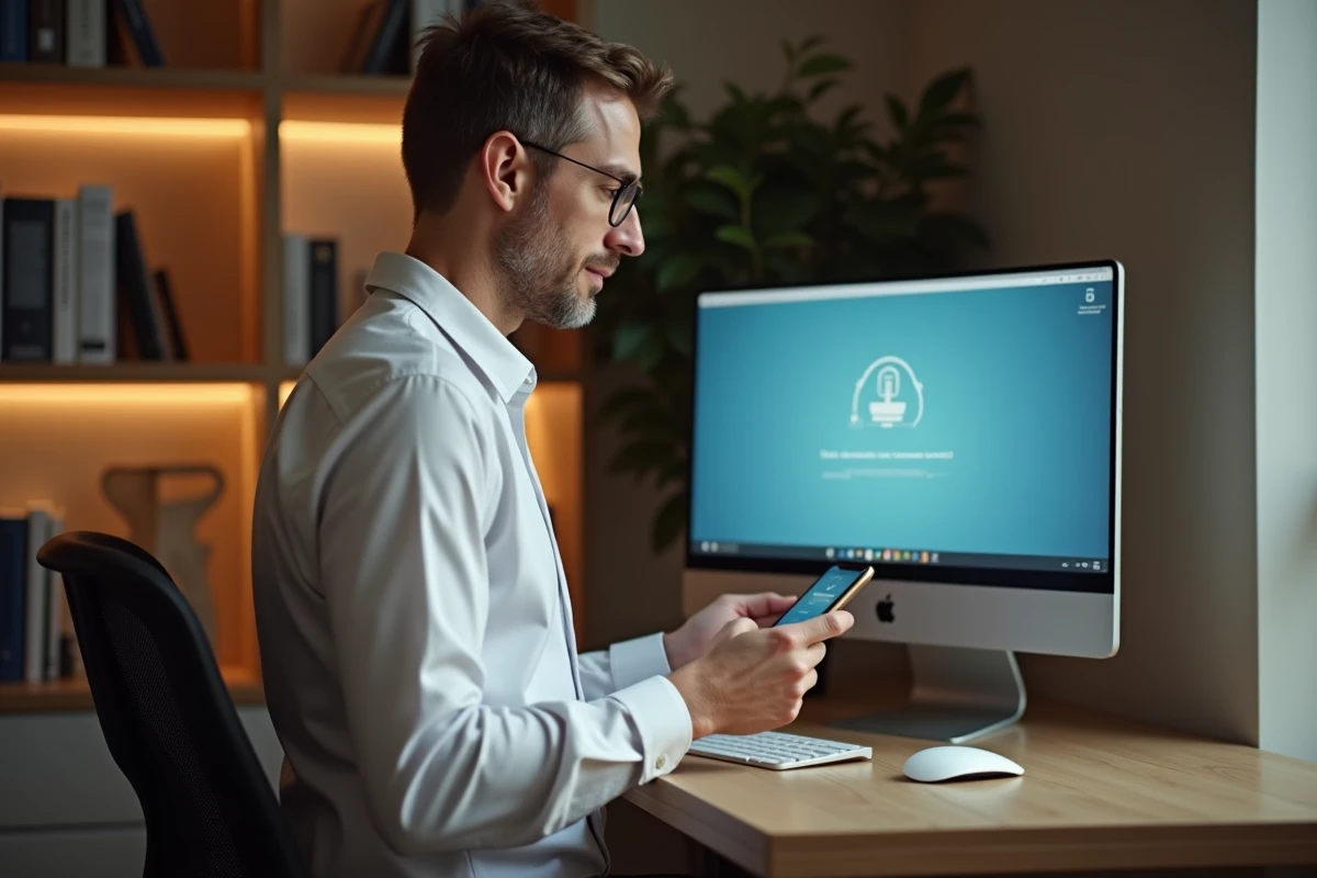 Homme en télétravail consultant son téléphone pour résoudre un problème de connexion au portail IntraParis depuis son domicile
