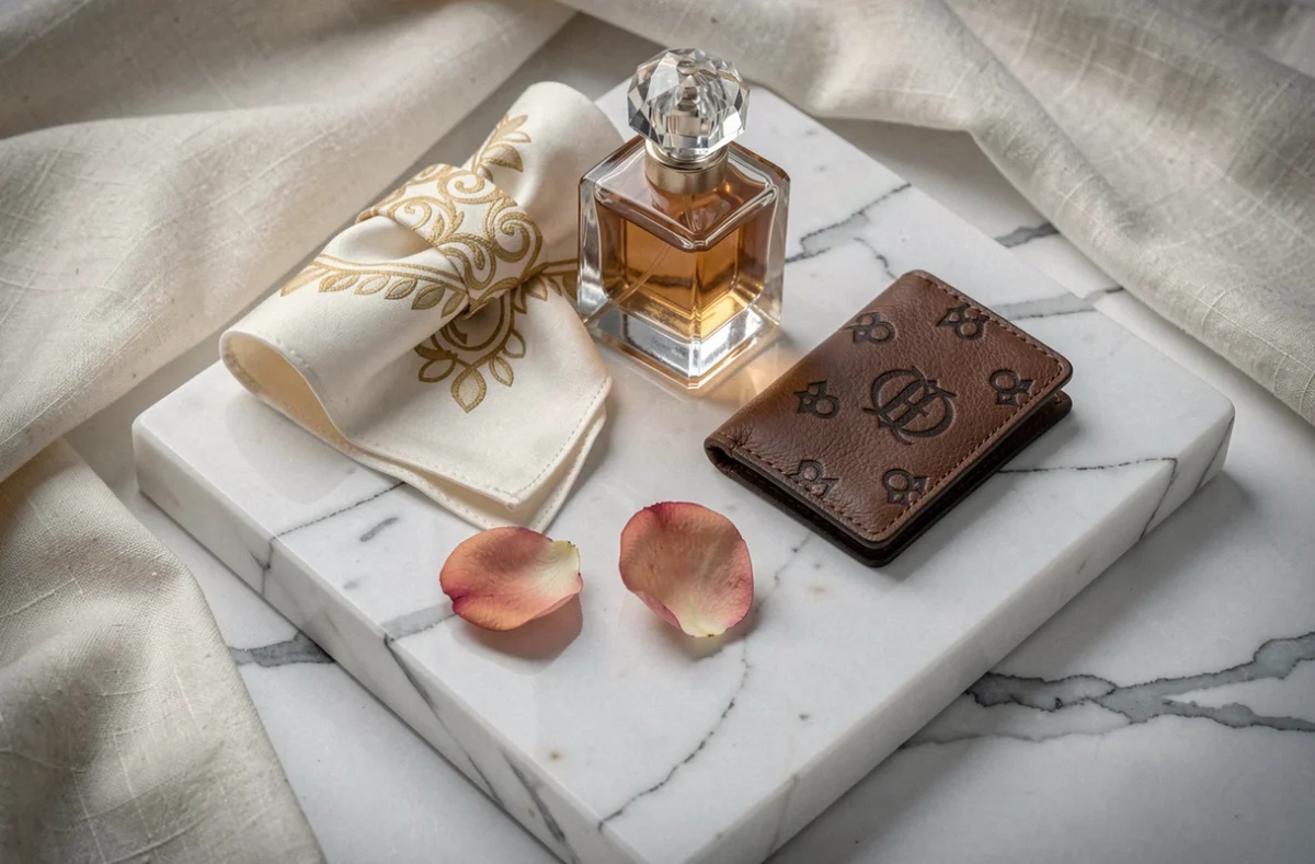 Composition de produits de luxe à la française sur marbre blanc — parfum, soie et maroquinerie — évoquant l'univers des grandes maisons LVMH