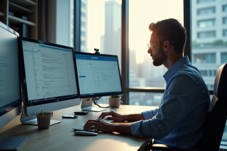 Professionnel concentré au bureau avec plusieurs écrans d'email