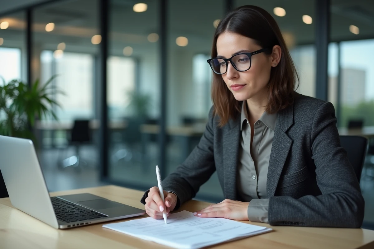 Professionnelle en assurance analysant des documents de conformité CE Mark pour l'exportation vers la Chine dans un bureau moderne