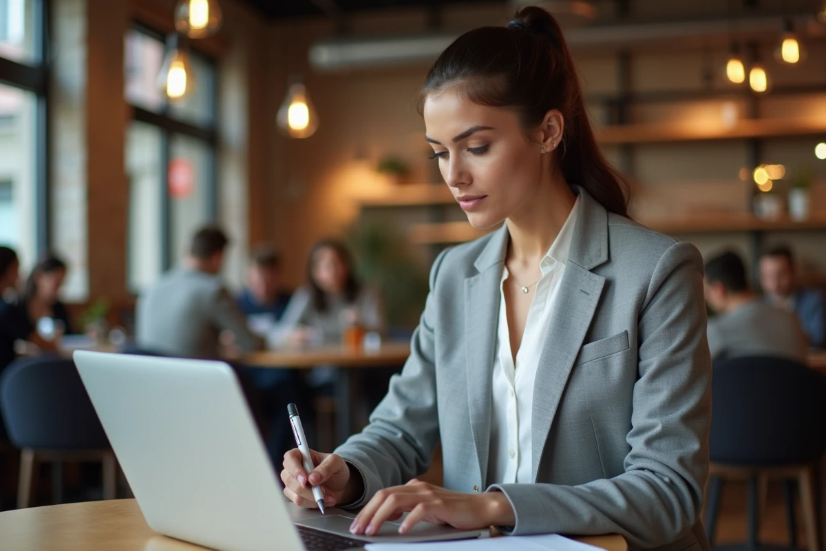 Professionnelle B2B consultant une plateforme d'emploi spécialisée dans un espace de coworking moderne