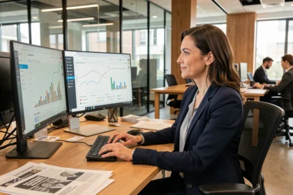 Professionnelle analysant des tableaux de bord de veille médiatique sur écran double dans un bureau moderne