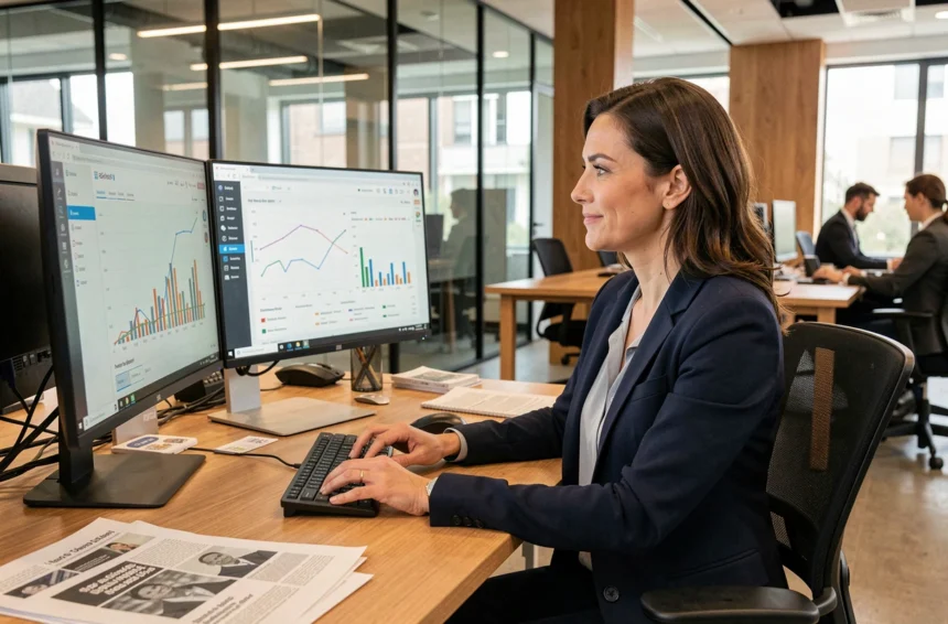 Professionnelle analysant des tableaux de bord de veille médiatique sur écran double dans un bureau moderne
