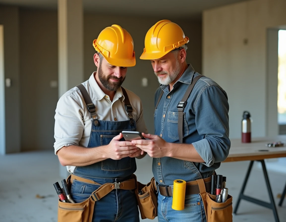 Deux professionnels du bâtiment consultant un profil entrepreneur sur smartphone lors d'une pause chantier