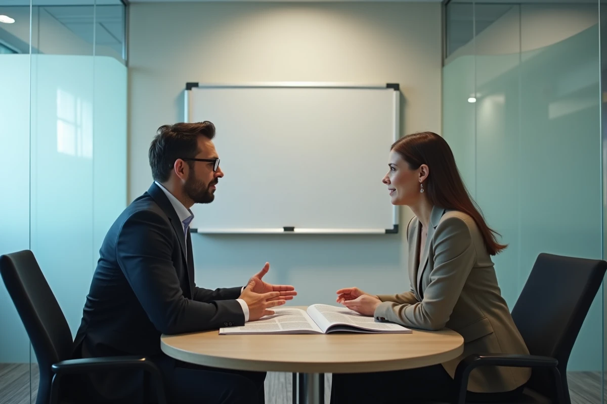 Deux professionnels discutant d'un magazine business lors d'une réunion d'évaluation