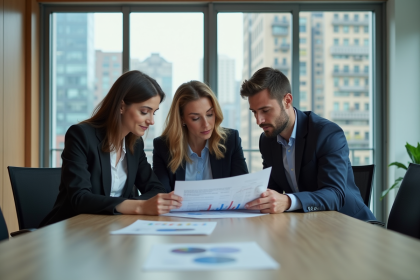 Trois professionnels en réunion d'affaires dans un bureau moderne