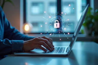 Personne tapant sur un ordinateur avec cadenas digital et flux de données