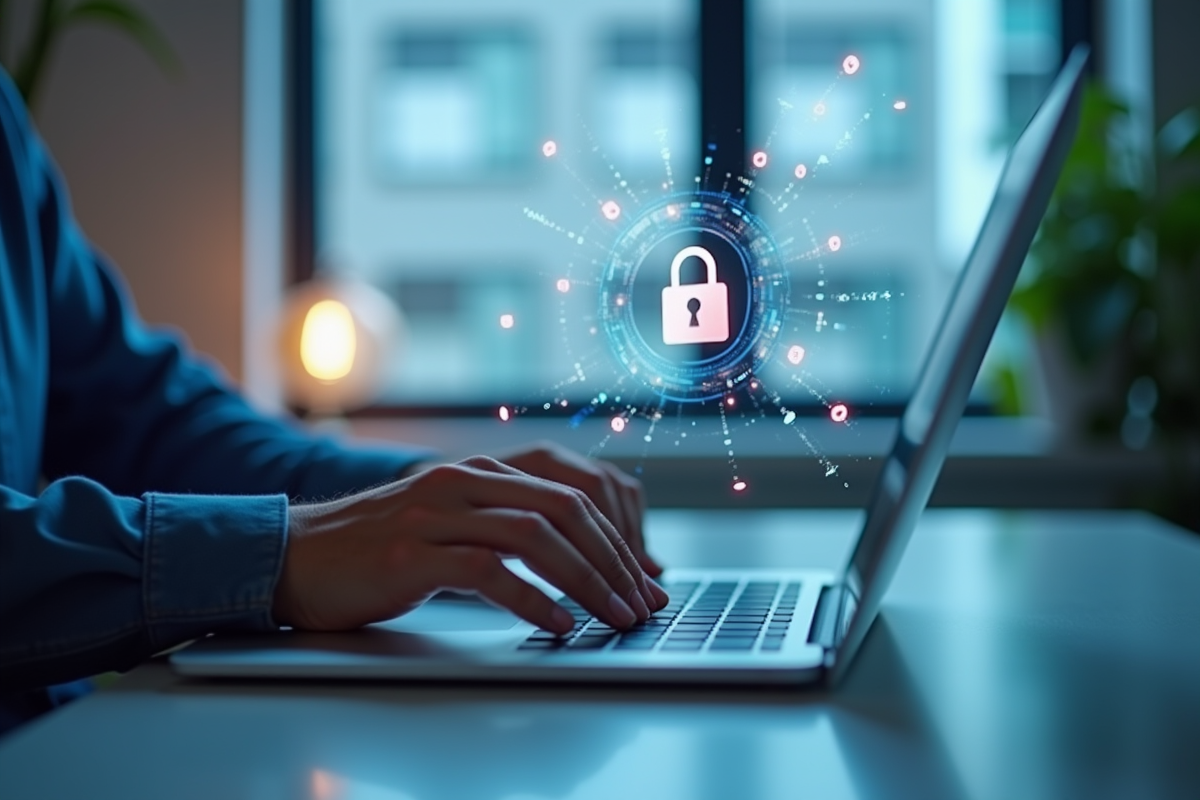 Personne tapant sur un ordinateur avec cadenas digital et flux de données