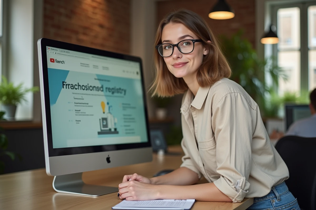 Jeune entrepreneuse recherchant le numéro SIRET et l'immatriculation d'une société sur un registre en ligne dans un espace de coworking