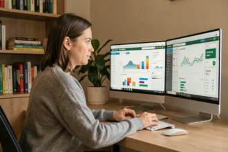 Femme entrepreneur analysant les revenus publicitaires d'un site de niche sur deux écrans dans un bureau à domicile moderne